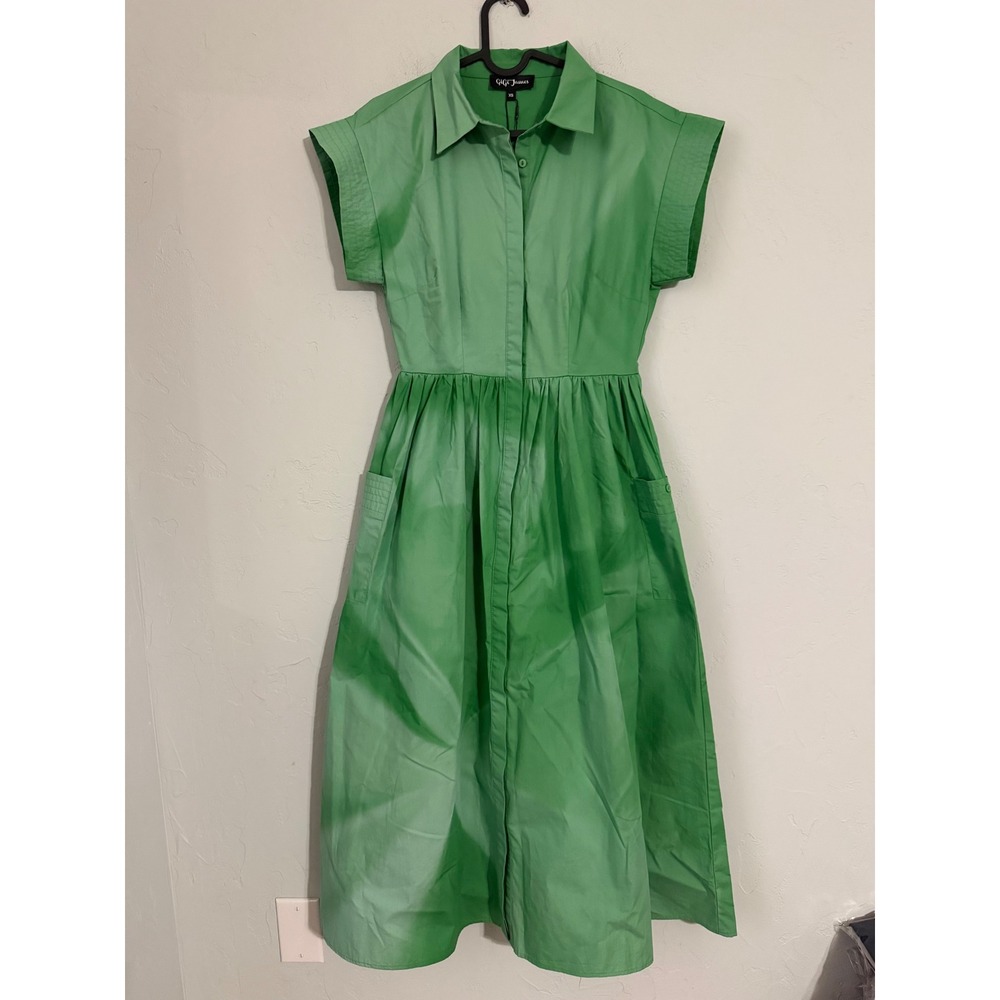 GiGi James Spirit2 Dress Green Short‎ Sleeve Collared Midi Shirtdress XS NEW